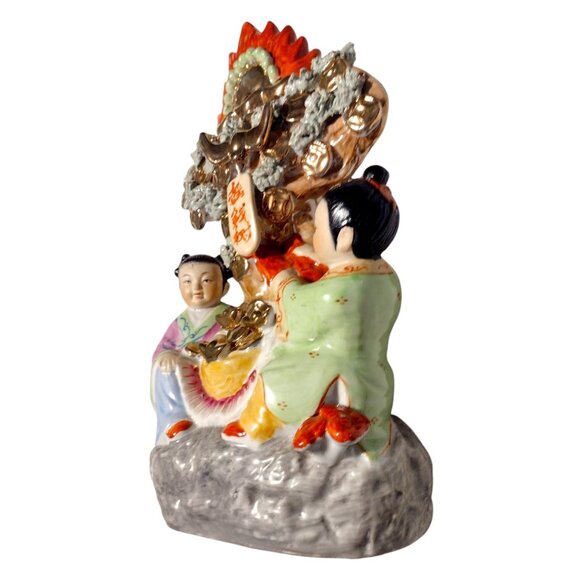 Vintage Antique Chinese Ornate Porcelain Sculpture Boy Girl Gold Tree of Life 13 - Picture 5 of 13